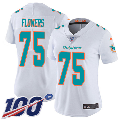 Nike Miami Dolphins #75 Ereck Flowers White Women Stitched NFL 100th Season Vapor Untouchable Limited Jersey->women nfl jersey->Women Jersey
